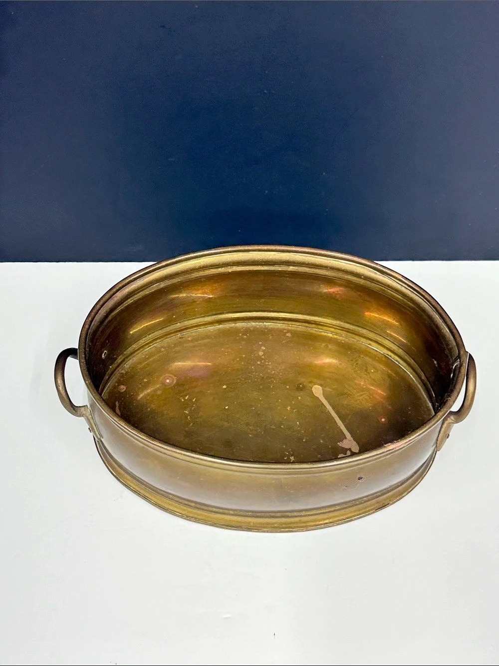 Vintage Solid Brass Oval Planter Cachepot Double Handle 9”